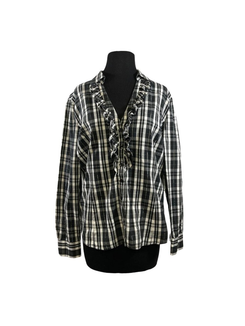 New York & Company Womens Plaid Button-Up Black/White L Cotton Ruffle Accent